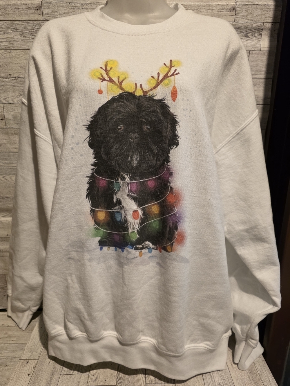 Gildan White Sweatshirt with Black Dog and Colorful Holiday Lights